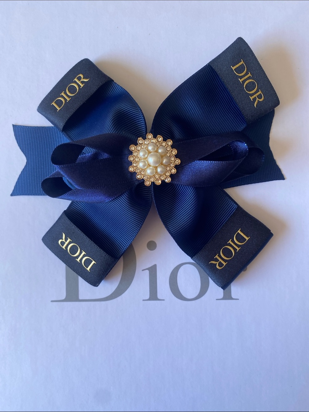 Dior Navy Ribbon Pearl Accent Hair Bow Handmade